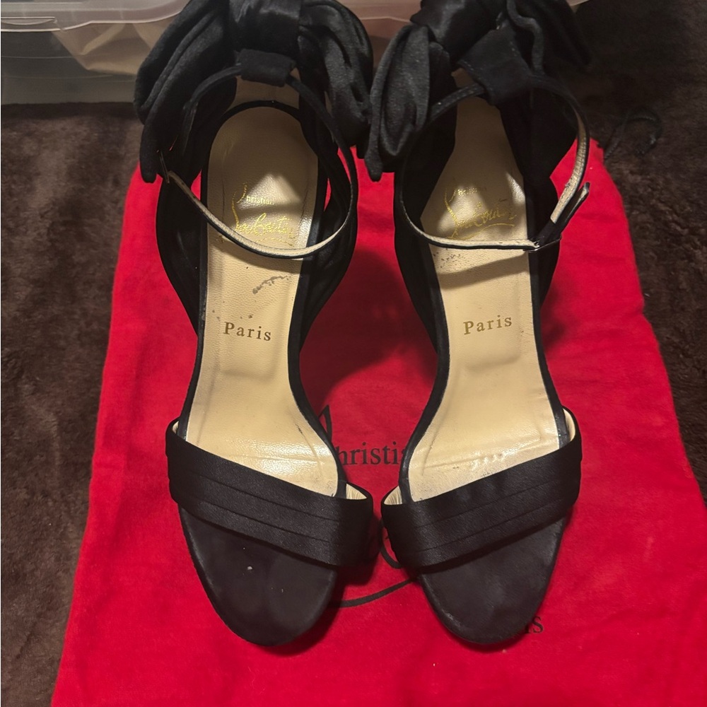 Christian Louboutin Black Satin Heels with Bow Detail